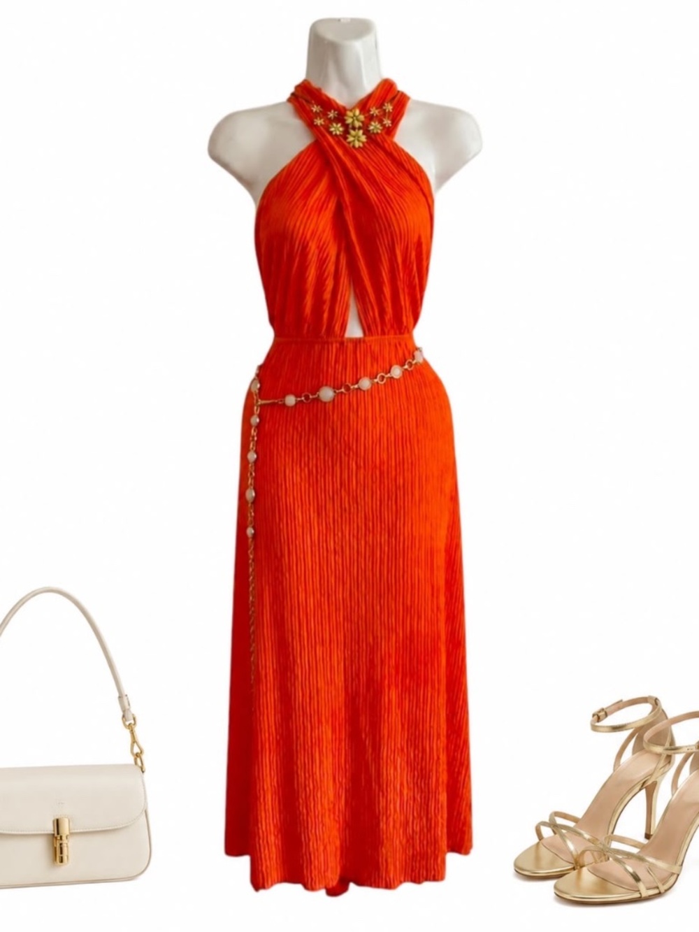 SHEIN Orange Pleated Halter Maxi Dress Size XL